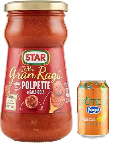 Rummo 12er-Pack Star Il Mio Gran Ragu' con Polpette di Salsiccia,Tomatensauce mit Schweinefleisch und Wurst Frikadellen,360g Glas + 1er-Pack Kostenlos Yoga Eistee Pfirsich 330ml Dose von Rummo