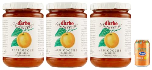 3er-Pack Darbo Marmelade Confettura Naturrein Albicocche,Aprikosenkonfitüre,450g Glas + 1er-Pack Kostenlos Yoga Eistee Pfirsich 330ml Dose von Rummo