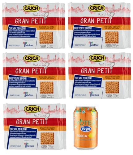 5er-Pack Crich Kekse Gran Petit Biscotti Secchi,500g Packung,Jede Packung enthält 8 Einzelportionen + 1er-Pack Kostenlos Yoga Eistee Pfirsich 330ml Dose von Rummo