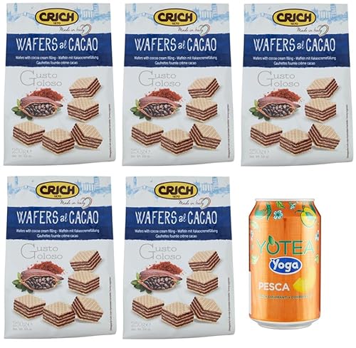 5er-Pack Crich Wafers con Crema al Cacao,Waffel mit Kakaocreme,Süße Snack Kekse 250g Beutel + 1er-Pack Kostenlos Yoga Eistee Pfirsich 330ml Dose von Rummo