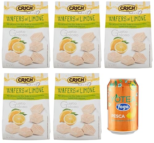 Rummo 5er-Pack Crich Wafers con Crema al Limone,Waffel mit Zitronencreme,Süße Snack Kekse 250g Beutel + 1er-Pack Kostenlos Yoga Eistee Pfirsich 330ml Dose von Rummo