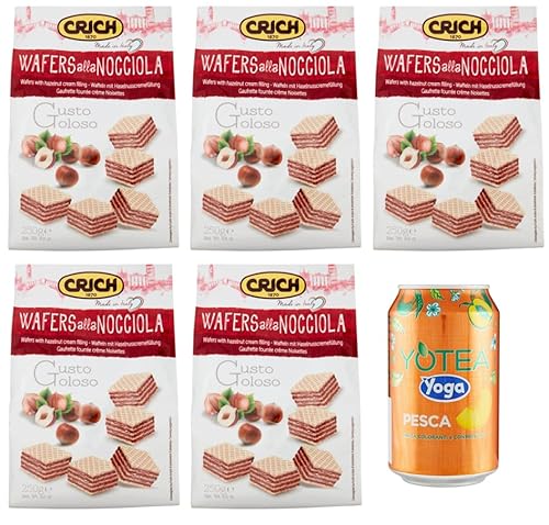 Rummo 5er-Pack Crich Wafers con Crema alla Nocciola,Waffel mit Haselnusscreme,Süße Snack Kekse 250g Beutel + 1er-Pack Kostenlos Yoga Eistee Pfirsich 330ml Dose von Rummo