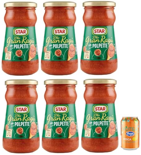 6er-Pack Star Il Mio Gran Ragu' con Polpette,Tomatensauce mit Schweinefleisch und Fleischbällchen,360g Glas + 1er-Pack Kostenlos Yoga Eistee Pfirsich 330ml Dose von Rummo