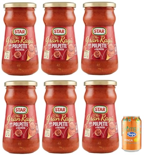 Rummo 6er-Pack Star Il Mio Gran Ragu' con Polpette di Salsiccia,Tomatensauce mit Schweinefleisch und Wurst Frikadellen,360g Glas + 1er-Pack Kostenlos Yoga Eistee Pfirsich 330ml Dose von Rummo