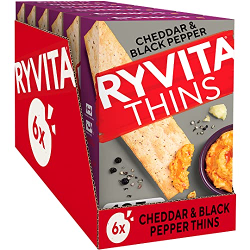 Ryvita Cheddar & Cracked Black Pepper Thins | Dipping, Snacking, Sharing | Ballaststoffe | Gesund | 6 Packungen à 125 g von Ryvita