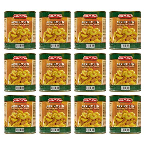 Food-United APRIKOSEN-HÄLFTEN leicht gezuckert 12x Füllmenge 820g ATG 480g eingelegte Obst-Konserve-Dose für Aprikosen-Konfitüre-Marmelade-Joghurt-Torten-Kuchen küchenfertig von S.Mile GmbH