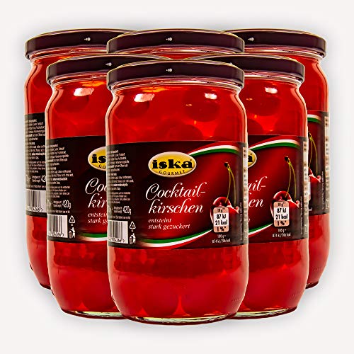 Food-United Cocktail-Kirschen rot entsteint ohne Stiel 6 Gläser Füllmenge 770g ATG 420g aromatisch süß Belegkirsche eingelegte Cocktail-Cherries Dekoration knackig Garnitur für Cocktails von S.Mile GmbH