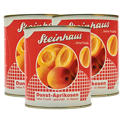 Food-United Dunst-Obst APRIKOSEN-HÄLFTEN 3x Füllmenge 800g ATG 480g eingelegte Obst-Konserve-Dose für Aprikosen-Konfitüre-Marmelade-Joghurt-Torten-Kuchen nur 3 natürliche Zutaten von S.Mile GmbH