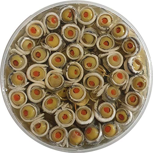 Food-United Sardellen-Spießchen-Filets aufgewickelt gerollt mit Oliven Happen 2 Röllchen pro Spieß 600g handgewickelt Premium Qualität Oliven gefüllt mit Paprika Fisch von FOOD-UNITED