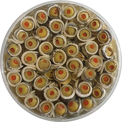 Food-United Sardellen-Spießchen-Filets aufgewickelt gerollt mit Oliven Happen 2 Röllchen pro Spieß 600g handgewickelt Premium Qualität Oliven gefüllt mit Paprika Fisch von FOOD-UNITED