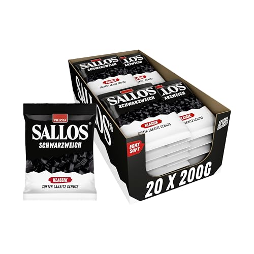 SALLOS Schwarzweich Klassik Vorrats-Pack – Soft-Lakritz feinwürzig, aus natürlichem Süßholzsaft, würziges Weichlakritz, vegan, im Vorrats-Pack, 20 x 200 g von SALLOS