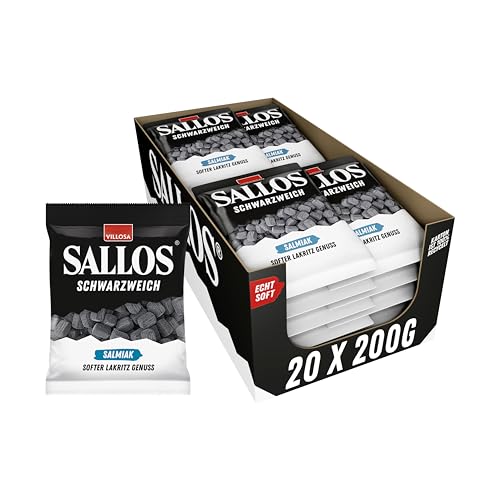 SALLOS Schwarzweich Salmiak Vorrats-Pack – Lakritz mit Salmiak-Salz, aus natürlichem Süßholzsaft, würziges Salzlakritz, vegan, im Vorrats-Pack, 20 x 200 g von SALLOS