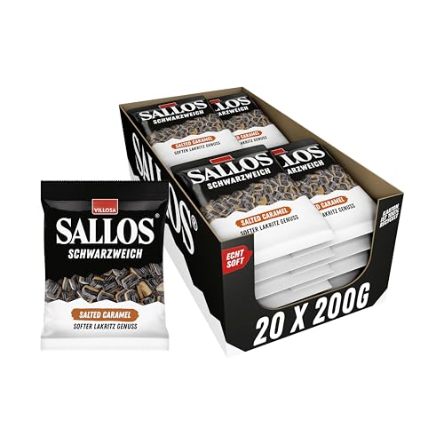 SALLOS Schwarzweich Salted Caramel Vorrats-Pack – Lakritz mit Schaumzucker und Salmiak-Salz, aus natürlichem Süßholzsaft, würzige Lakritz-Kombination, vegan, im Vorrats-Pack, 20 x 200 g von SALLOS