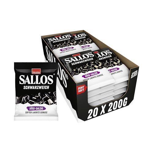 SALLOS Schwarzweich Süss-Salzig Vorrats-Pack – Lakritz mit Schaumzucker, aus natürlichem Süßholzsaft, würzige Lakritz-Kombination, Lakritz-Mix vegan, im Vorrats-Pack, 20 x 200 g von SALLOS