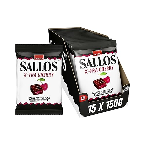 SALLOS X-tra Cherry Vorrats-Pack – Lakritz-Bonbons mit Kirsch-Füllung, aus natürlichem Süßholzsaft, würzig-fruchtige Lakritz-Kombination, vegan, im Vorrats-Pack, 15 x 150 g von SALLOS