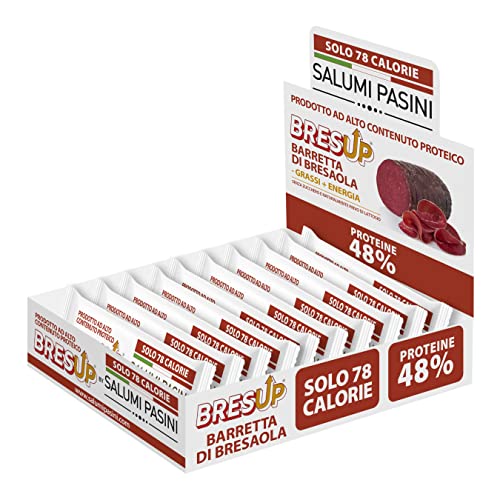 Bresup Protein-Riegel | Bresaola-Riegel mit hohem Eiweißgehalt | Zuckerfrei | Nur 78 Kcal | Packung mit 10 Stück x 35 g Bresup Protein-Riegel | Bresaola-Riegel mit hohem Eiweißgehalt | Zuckerfrei | Nur 78 Kcal | Packung mit 10 Stück x 35 g von Salumi Pasini