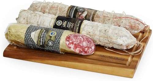 Passione Salame Trio Salumi Pasini® Geschenkplatte | Campagnolo Salami 600g + Gran Filetto Salami 700g + Felino g.g.A. Salamischeibe 350g | Schneidebrett aus Akazienholz im Lieferumfang enthalten von Salumi Pasini