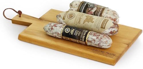 Triptychon der Geschmacks-Geschenkbox Salumi Pasini® | Campagnolo Salami 270g + Gran Filetto Salami 170g + Salami mit Sekt aus der Lombardei 170g | Inklusive Schneidebrett aus Akazienholz von Salumi Pasini