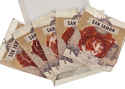 SAN JAMON. Pack mit 5 Beuteln von 100 g handgeschnittenem Ibérico-Schinken aus 50% Ibérico-Rasse. Set aus 5 Paketen von fein geschnittenem Ibérico-Schinken. SAN JAMON. Pack mit 5 Beuteln von 100 g handgeschnittenem Ibérico-Schinken aus 50% Ibérico-Rasse. Set aus 5 Paketen von fein geschnittenem Ibérico-Schinken. von SAN JAMÓN