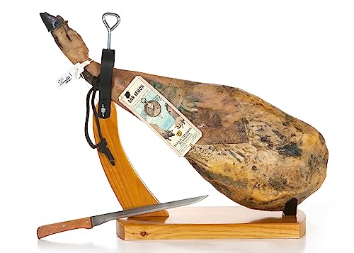 SAN JAMÓN: Set mit 50% iberischer Schweinefleischschulter, inklusive Holzunterstützung und Messer. Handgefertigte Schulter von 4,5-5,2 kg, mindestens 24 Monate gereift. von SAN JAMÓN