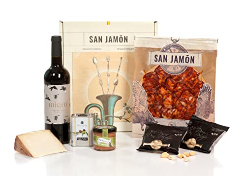 SAN JAMÓN. Weihnachtskorb mit geschnittenem iberischem Chorizo, gereiftem Schafskäse, Wein und extra nativem Olivenöl. Gourmet-Produktset als Geschenk. von SAN JAMÓN