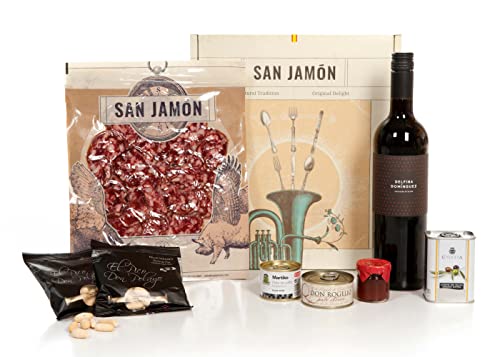 SAN JAMÓN. Weihnachtskorb mit geschnittenem iberischem Salchichón, iberischem Paté, Wein und extra nativem Olivenöl. Geschenkset mit handwerklichen iberischen Produkten. von SAN JAMÓN