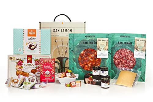 SAN JAMÓN: Weihnachtskorb mit geschnittenem iberischem Chorizo, Salchichón, Manchego-Käse, Schwarztee, Marmeladen und Weihnachtssüßigkeiten. Gourmet-Geschenk mit iberischen Produkten. von San Jamón