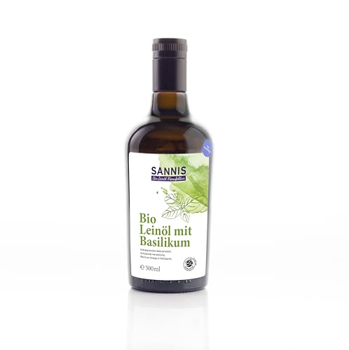 SANNIS Bio-Leinöl mit Basilikum 500 ml I Leinöl aus kontrolliert biologischem Anbau I kaltgepresst & ungefiltert I reich an Omega-3-Fettsäuren I nussig-milder Geschmack für Kartoffeln, Fisch & Fleisch SANNIS Bio-Leinöl mit Basilikum 500 ml I Leinöl aus kontrolliert biologischem Anbau I kaltgepresst & ungefiltert I reich an Omega-3-Fettsäuren I nussig-milder Geschmack für Kartoffeln, Fisch & Fleisch von SANNIS Bio-Leinöl Manufaktur