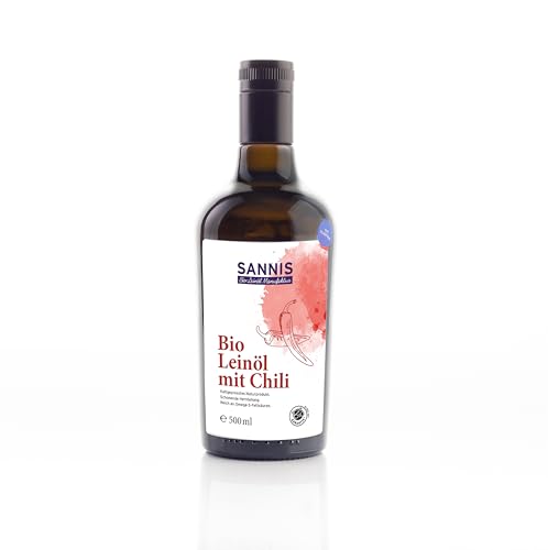 SANNIS Bio-Leinöl mit Chili 500 ml I Leinöl aus kontrolliert biologischem Anbau I kaltgepresst & ungefiltert I reich an Omega-3-Fettsäuren I nussig milder Geschmack für Salat, Reis & Nudelgerichte SANNIS Bio-Leinöl mit Chili 500 ml I Leinöl aus kontrolliert biologischem Anbau I kaltgepresst & ungefiltert I reich an Omega-3-Fettsäuren I nussig milder Geschmack für Salat, Reis & Nudelgerichte von SANNIS Bio-Leinöl Manufaktur