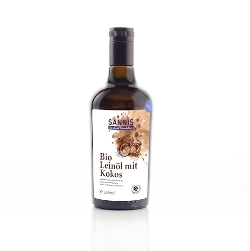 SANNIS Bio-Leinöl mit Kokos 500 ml I Leinsamenöl aus kontrolliert biologischem Anbau I kaltgepresst & ungefiltert I reich an Omega-3-Fettsäuren I nussig milder Geschmack für Müsli, Joghurt & Smoothie SANNIS Bio-Leinöl mit Kokos 500 ml I Leinsamenöl aus kontrolliert biologischem Anbau I kaltgepresst & ungefiltert I reich an Omega-3-Fettsäuren I nussig milder Geschmack für Müsli, Joghurt & Smoothie von SANNIS Bio-Leinöl Manufaktur