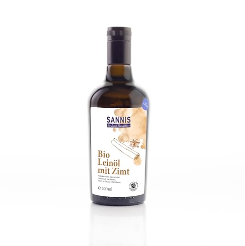 SANNIS Bio-Leinöl mit Zimt 500 ml I Leinsamenöl aus kontrolliert biologischem Anbau I kaltgepresst & ungefiltert I reich an Omega-3-Fettsäuren I nussig milder Geschmack ideal für Müsli & Joghurt SANNIS Bio-Leinöl mit Zimt 500 ml I Leinsamenöl aus kontrolliert biologischem Anbau I kaltgepresst & ungefiltert I reich an Omega-3-Fettsäuren I nussig milder Geschmack ideal für Müsli & Joghurt von SANNIS Bio-Leinöl Manufaktur