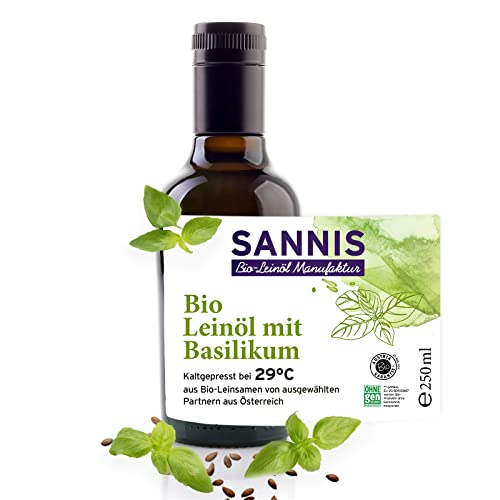 Sannis Bio-Leinöl mit Basilikum 250 ml I Leinsamenöl aus kontrolliert biologischem Anbau I kaltgepresst & ungefiltert I reich an Omega-3-Fettsäuren I Leinöl ideal für Kartoffeln, Fisch & Fleisch Sannis Bio-Leinöl mit Basilikum 250 ml I Leinsamenöl aus kontrolliert biologischem Anbau I kaltgepresst & ungefiltert I reich an Omega-3-Fettsäuren I Leinöl ideal für Kartoffeln, Fisch & Fleisch von SANNIS Bio-Leinöl Manufaktur