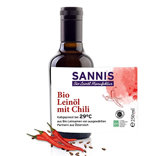 Sannis Bio-Leinöl mit Chili 250 ml I Leinsamenöl aus kontrolliert biologischem Anbau I kaltgepresst & ungefiltert I reich an Omega-3-Fettsäuren I Leinöl ideal für Salat, Reis- und Nudelgerichte Sannis Bio-Leinöl mit Chili 250 ml I Leinsamenöl aus kontrolliert biologischem Anbau I kaltgepresst & ungefiltert I reich an Omega-3-Fettsäuren I Leinöl ideal für Salat, Reis- und Nudelgerichte von SANNIS Bio-Leinöl Manufaktur