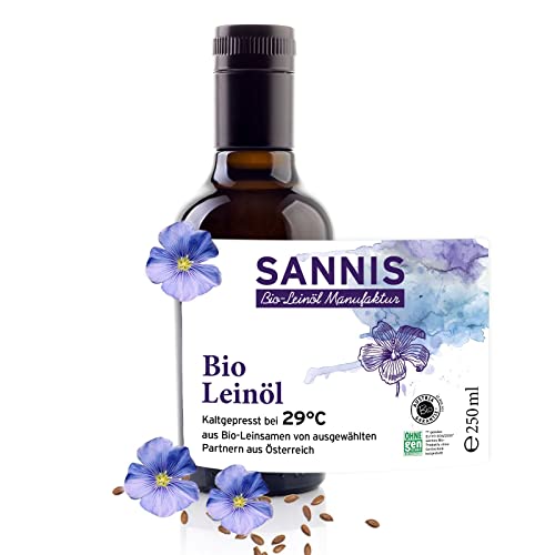 Sannis Bio-Leinöl extra nativ 250 ml I Leinsamenöl aus kontrolliert biologischem Anbau I kaltgepresst & ungefiltert I reich an Omega-3-Fettsäuren I nussig milder Geschmack ideal für Salat & Joghurt Sannis Bio-Leinöl extra nativ 250 ml I Leinsamenöl aus kontrolliert biologischem Anbau I kaltgepresst & ungefiltert I reich an Omega-3-Fettsäuren I nussig milder Geschmack ideal für Salat & Joghurt von SANNIS Bio-Leinöl Manufaktur