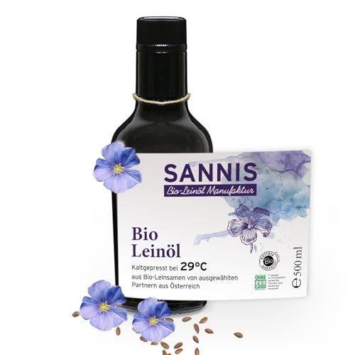 Sannis Bio-Leinöl extra nativ 500 ml I Leinsamenöl aus kontrolliert biologischem Anbau I kaltgepresst & ungefiltert I reich an Omega-3-Fettsäuren I nussig milder Geschmack ideal für Salat & Joghurt Sannis Bio-Leinöl extra nativ 500 ml I Leinsamenöl aus kontrolliert biologischem Anbau I kaltgepresst & ungefiltert I reich an Omega-3-Fettsäuren I nussig milder Geschmack ideal für Salat & Joghurt von SANNIS Bio-Leinöl Manufaktur