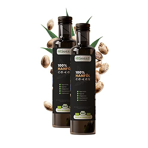 SANUUS Bio Hanföl kaltgepresst 2x500ml (1000ml) - Rein aus Naturland Hanfsamen ungeschält Bio - Premium Hanföl Bio aus Deutschland zum Braten und Kochen - Reich an Omega 3-6-9 Fettsäuren von SANUUS Better Living