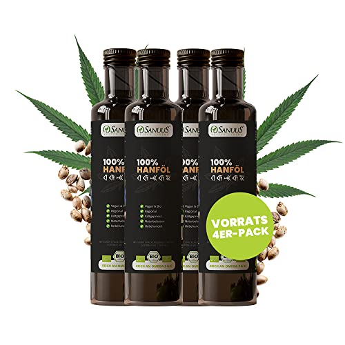 SANUUS Bio Hanföl kaltgepresst 4x500ml (4er Pack) - Rein aus Naturland Hanfsamen ungeschält Bio - Premium Hanföl Bio aus Deutschland zum Braten und Kochen - Reich an Omega 3-6-9 Fettsäuren von SANUUS Better Living