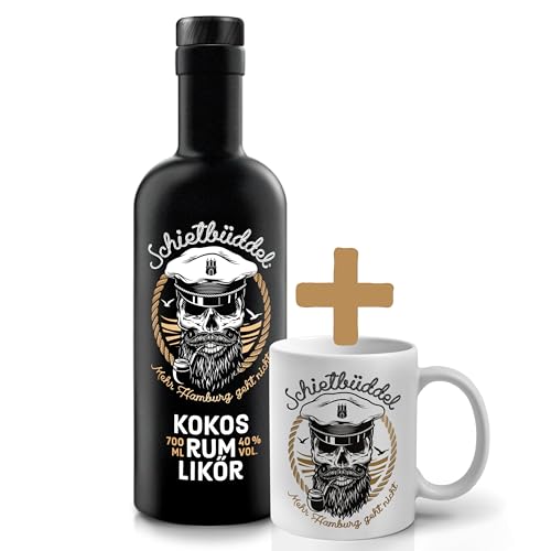 Schietbüddel Kokos Rum Likör 0.7 l + Becher mit Aufdruck weiß (0.7l + 1 Becher) von SCHIETBÜDDEL