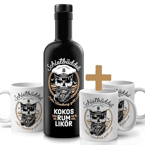 Schietbüddel Kokos Rum Likör 0.7 l + Becher mit Aufdruck weiß (0.7l + 3 Becher) von SCHIETBÜDDEL