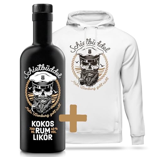 Schietbüddel 0,7L Kokos-Rum-Likör 40% Vol. mit weiß bedrucktem Hoodie - Kokoslikör Rum mit süßer Schokoladen- und Vanillenote - Kokosnussrum, Kokosnusslikör von SCHIETBÜDDEL