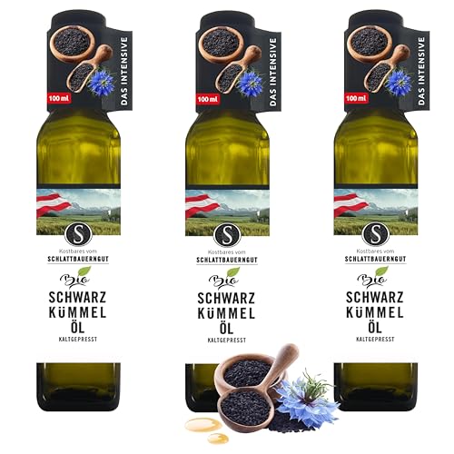 SCHLATTBAUERNGUT Bio Schwarzkümmelöl – 300ml – kaltgepresst & gefiltert – 100% Bio-Qualität aus Österreich –Reich an Thymochinon mit Antioxidantien & Omega-6 Fettsäuren (3x100ml) von SCHLATTBAUERNGUT