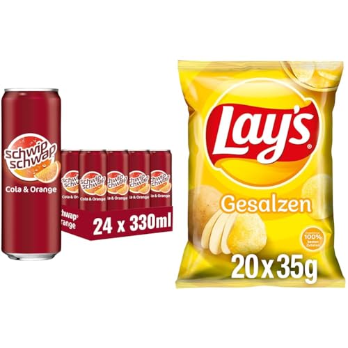Erfrischend und Knusprig: SCHWIPSCHWAP Das Original Cola & Orange (24x0,33L) & Lay's Gesalzen (20x35G), Cola Geschmack trifft auf herzhafte Chips von SCHWIPSCHWAP