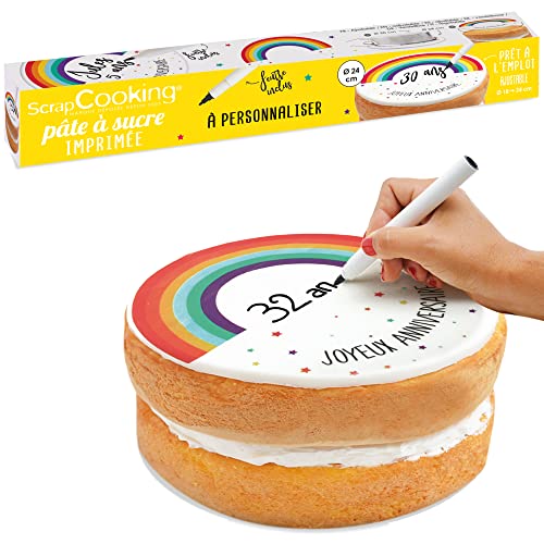 SCRAP COOKING Zuckerpaste Rainbow für Kuchen, bedruckt mit Frohe Geburtstag, personalisierbar, mit Filzstift, Regenbogenmotiv, mehrfarbig, praktisches Backzubehör, 110 g 7298 von ScrapCooking