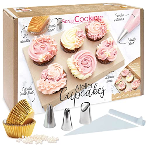 ScrapCooking - Cupcake Workshop Set - Backset mit 3 Edelstahltüllen, 5 Taschen, 24 goldenen Kästchen, Zuckerdekorationen & Transportbox - Mit Rezepten - 3795 von ScrapCooking