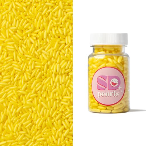 SD Pearls Essbare Dekorative Puffreis, Zucker Reis Streusel, Streuselheld, Tortendeko Zuckerreis, Dessertdekoration (Gelb) von SD Pearls