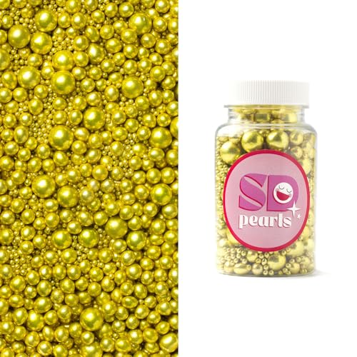 SD Pearls Zuckerperlen, Essbare Zucker Perlen, Tortendeko Streusel Perlen, Zucker Dekorperlen Für Keksen, Kuchen, Cupcakes, Dessertdekoration (Metallic Gold, 3,4,5,7,10mm, 100g) von SD Pearls