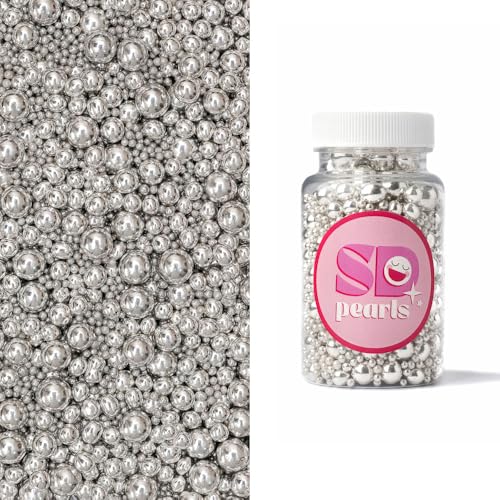 SD Pearls Zuckerperlen, Essbare Zucker Perlen, Tortendeko Streusel Perlen, Zucker Dekorperlen Für Keksen, Kuchen, Cupcakes, Dessertdekoration (Silber, 10mm, 90g) von SD Pearls