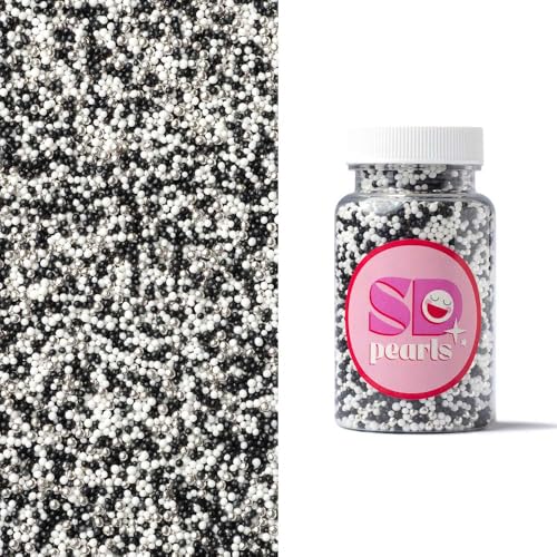 SD Pearls Zuckerperlen, Mix Perlen, Essbare Zucker Perlen, Tortendeko Streusel Perlen, Zucker Dekorperlen Für Keksen, Kuchen, Cupcakes, Donuts, Dessertdekoration (Schwarz und Weiß, 500g) von SD Pearls