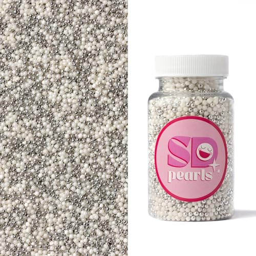 SD Pearls Zuckerperlen, Mix Perlen, Essbare Zucker Perlen, Tortendeko Streusel Perlen, Zucker Dekorperlen Für Keksen, Kuchen, Cupcakes, Donuts, Dessertdekoration (Weiß und Silber, 100g) von SD Pearls