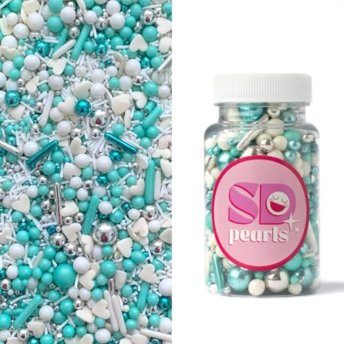 SD Pearls Zuckerstreusel, Bunter Streuselmix, Streusel Valentinstag, Streusel Hochzeit, Streusel Herzen, Streudekor für Torten, Kuchen, Muffins und Desserts. (Mix „Cote d’Azure”, 100g) von SD Pearls